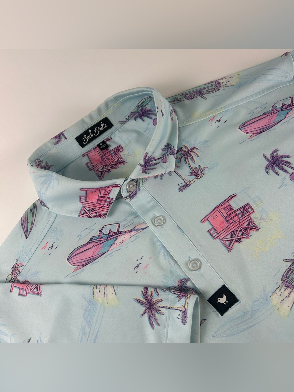 Bad Birdie Men’s SZ XL Light Blue Yacht Rock AOP Short Sleeve Golf Polo Spandex